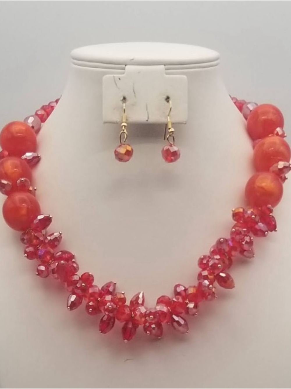 Handcrafted Red Bead Necklace and Earrings Set